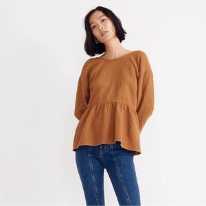 Madewell Women's Open-Back Peplum Top in Toffee, Long Sleeve Textured Boho Sz: S